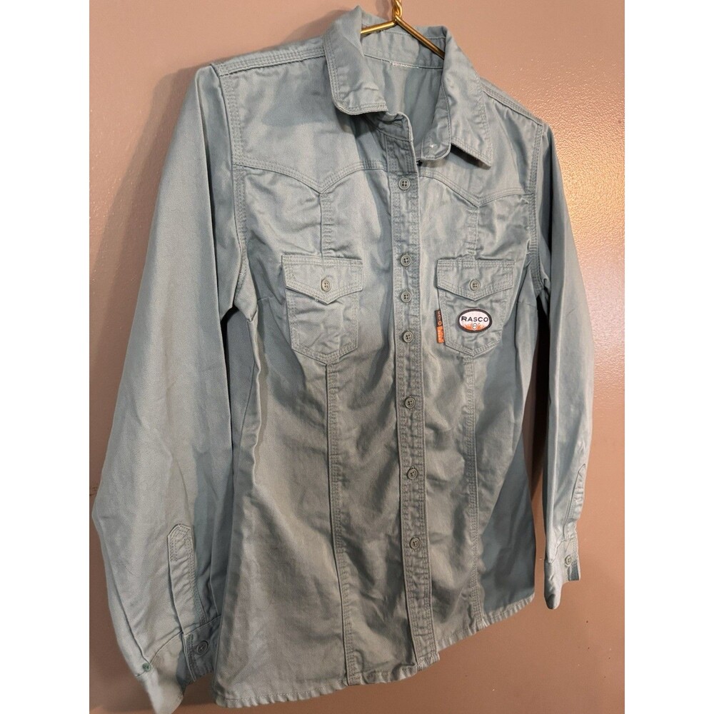 Rasco FR Women's Fitted Long Sleeve Work Cool Girl Button Down Sage Sz M No Tag
